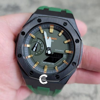 Casioak Mod Watch Black Case Green Rubber Strap Black Gold Time Mark Olove Dial 44mm - Casioak Studio