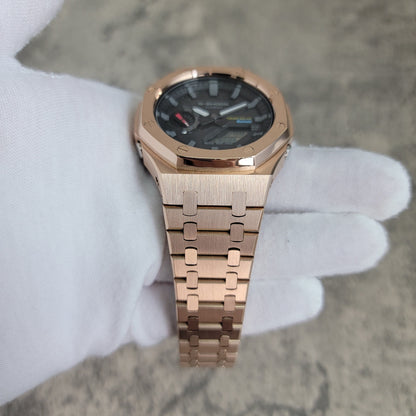 Casioak Mod Watch Solar Bluetooth Rose Gold Case Metal Strap Black Gray Time Mark Black Dial 44mm G SHOCK CUSTOM - Casioak Studio