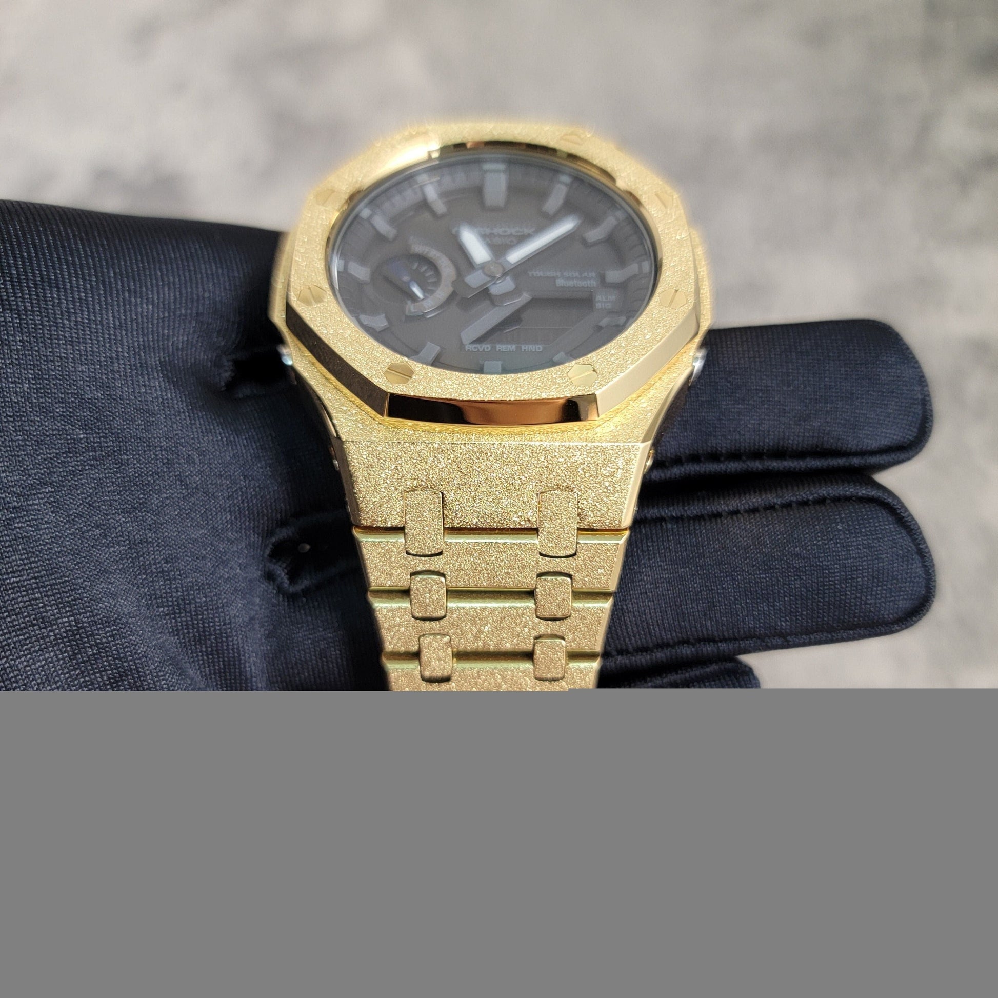 Casioak Mod Watch Solar Bluetooth Frosted Gold Case Metal Strap Black Gray Time Mark Black Dial 44mm G SHOCK CUSTOM - Casioak Studio