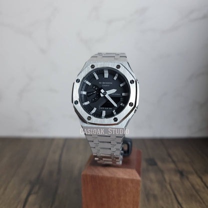 Casioak Mod Watch Silver Case Metal Strap Black Light Gray Time Mark Black Dial 44mm - Casioak Studio