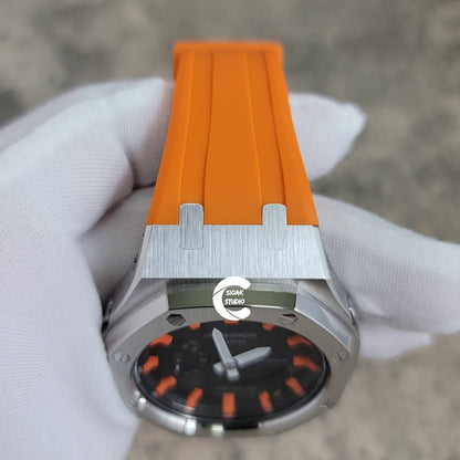 Casioak Mod Watch Silver Case Orange Rubber Strap Black Orange Time Mark Black Dial 44mm - Casioak Studio