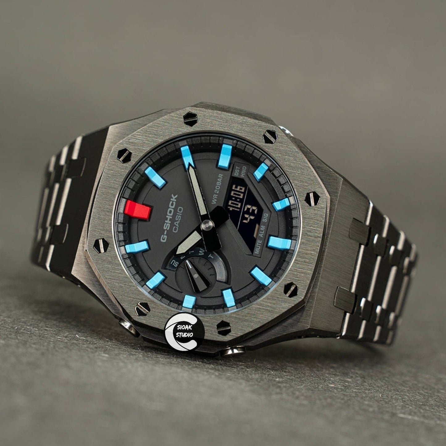 Casioak Mod Watch Gray Case Metal Strap Black Blue Time Mark Black Dial 44mm - Casioak Studio