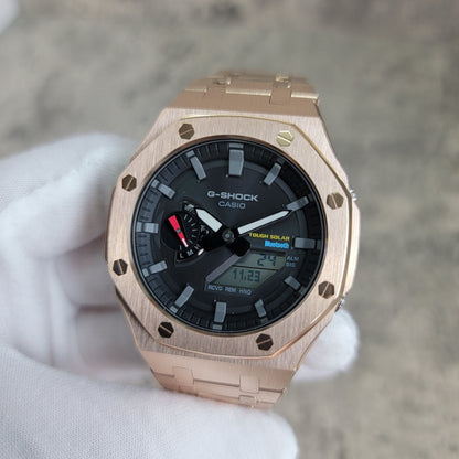 Casioak Mod Watch Solar Bluetooth Rose Gold Case Metal Strap Black Gray Time Mark Black Dial 44mm G SHOCK CUSTOM - Casioak Studio