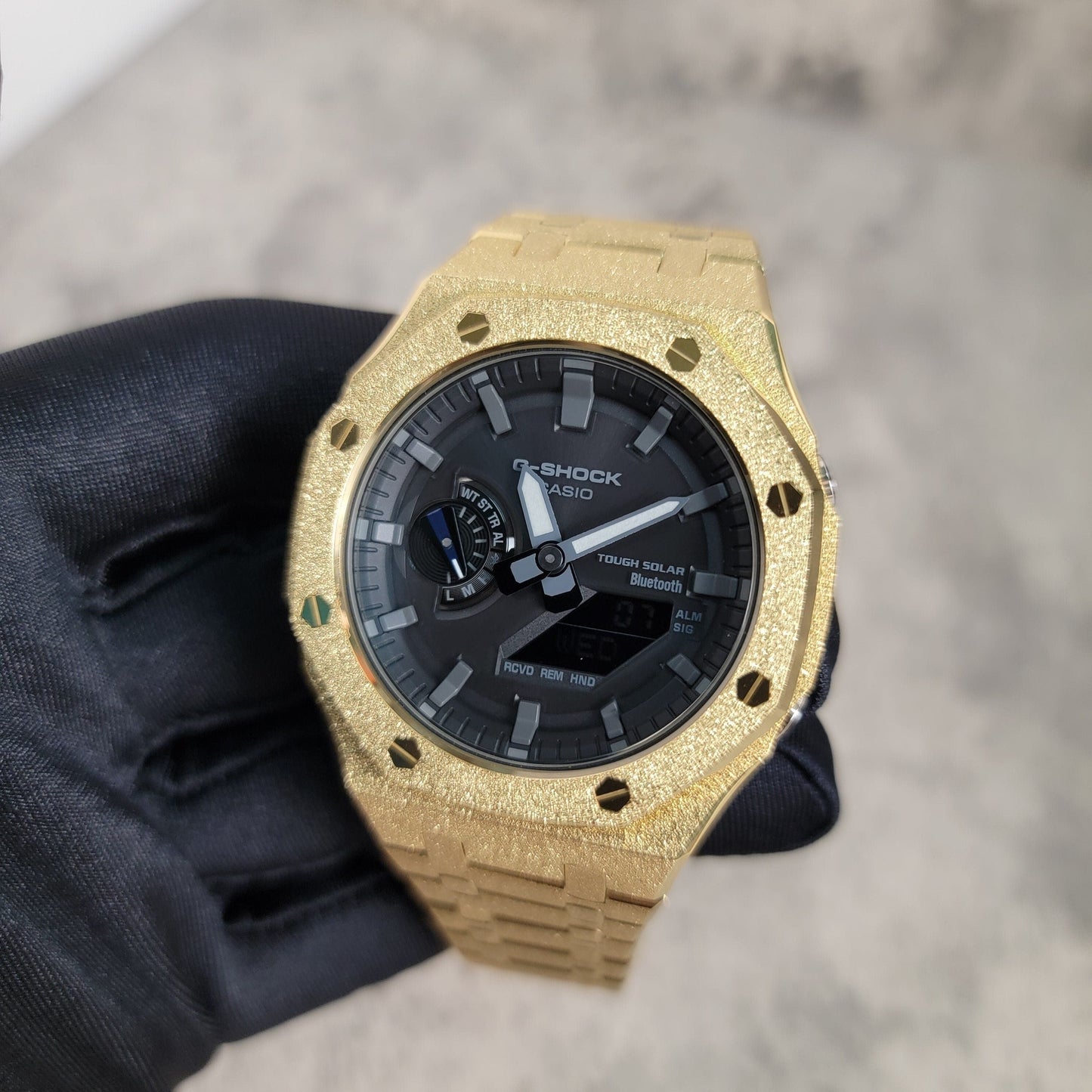 Casioak Mod Watch Solar Bluetooth Frosted Gold Case Metal Strap Black Gray Time Mark Black Dial 44mm G SHOCK CUSTOM - Casioak Studio