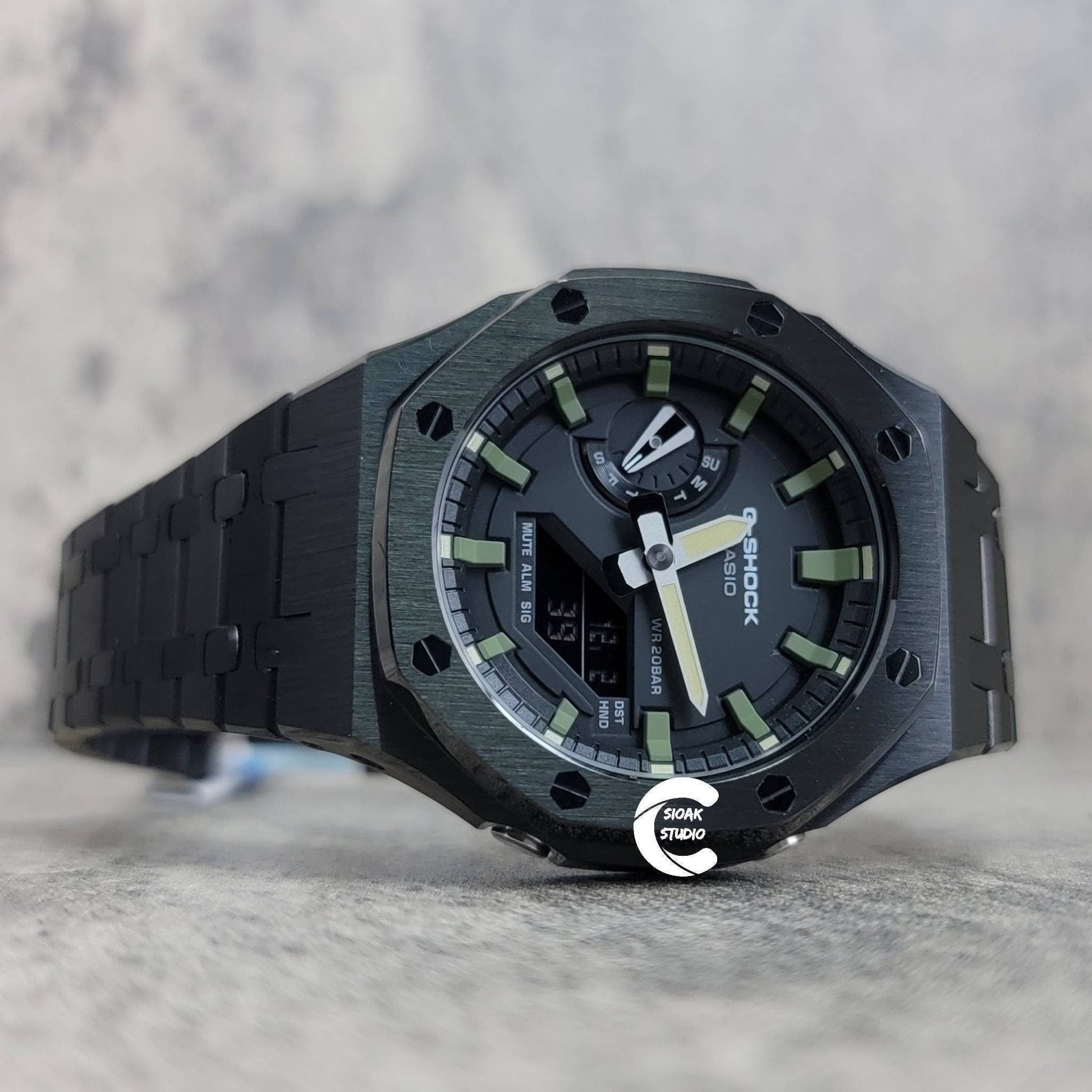 Casioak Mod Watch Black Case Metal Strap Black Green Time Mark Black Dial 44mm - Casioak Studio