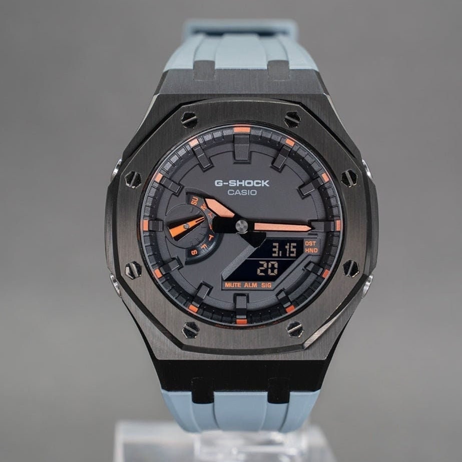 Casioak Mod Watch Gray Case Gray Rubber Strap Black Time Mark Black Dial 44mm Orange - Casioak Studio