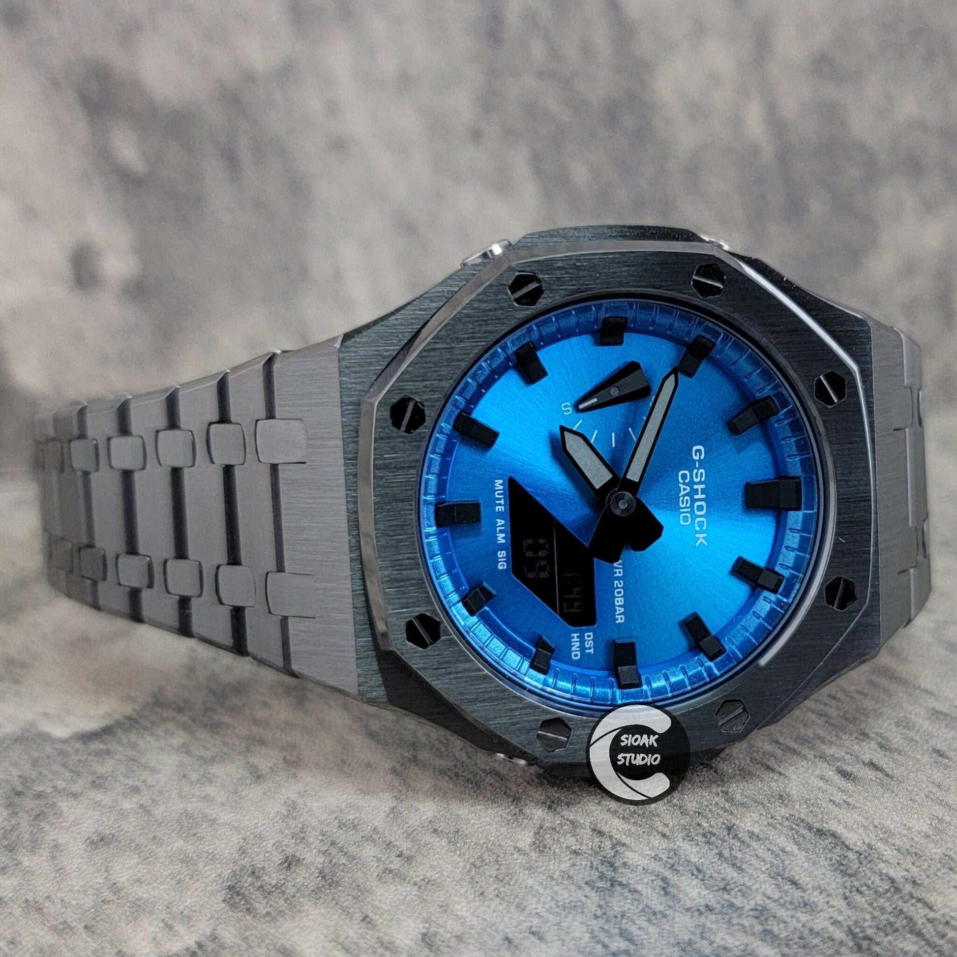 Casioak Mod Watch Grey Case Metal Strap Blue Black Time Mark Metallic Blue Dial 44mm - Casioak Studio