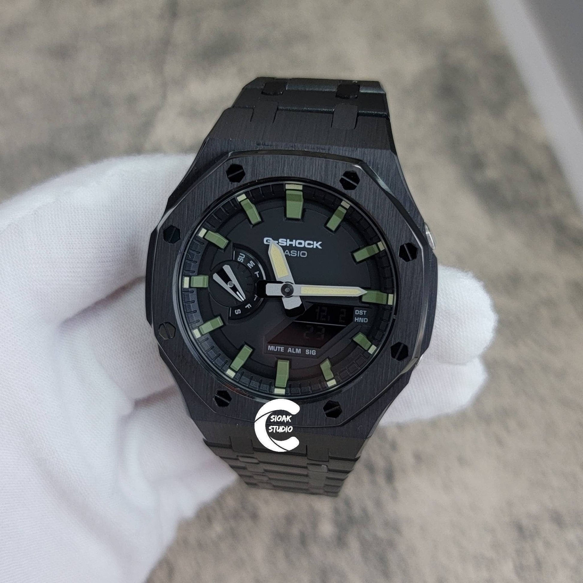 Casioak Mod Watch Black Case Metal Strap Black Green Time Mark Black Dial 44mm - Casioak Studio