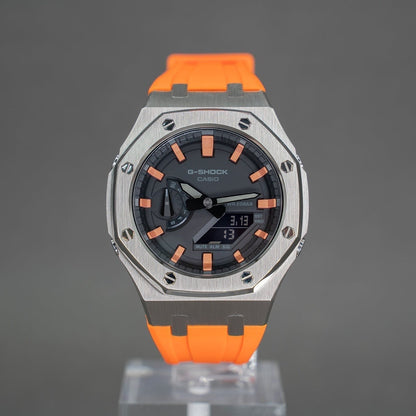 Casioak Mod Watch Silver Case Orange Rubber Strap Black Rose Gold Time Mark Black Dial 44mm - Casioak Studio