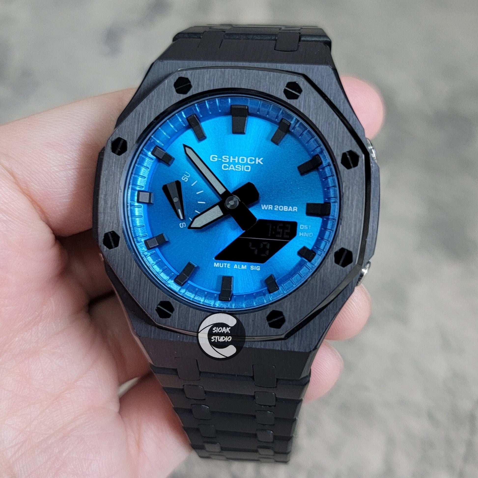 Casioak Mod Watch Black Case Metal Strap Blue Black Time Mark Metallic Blue Dial 44mm - Casioak Studio