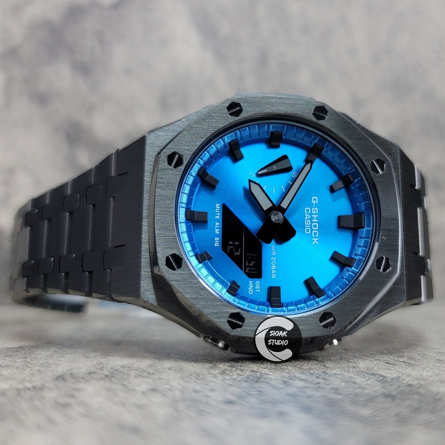 Casioak Mod Watch Grey Case Metal Strap Blue Black Time Mark Metallic Blue Dial 44mm - Casioak Studio