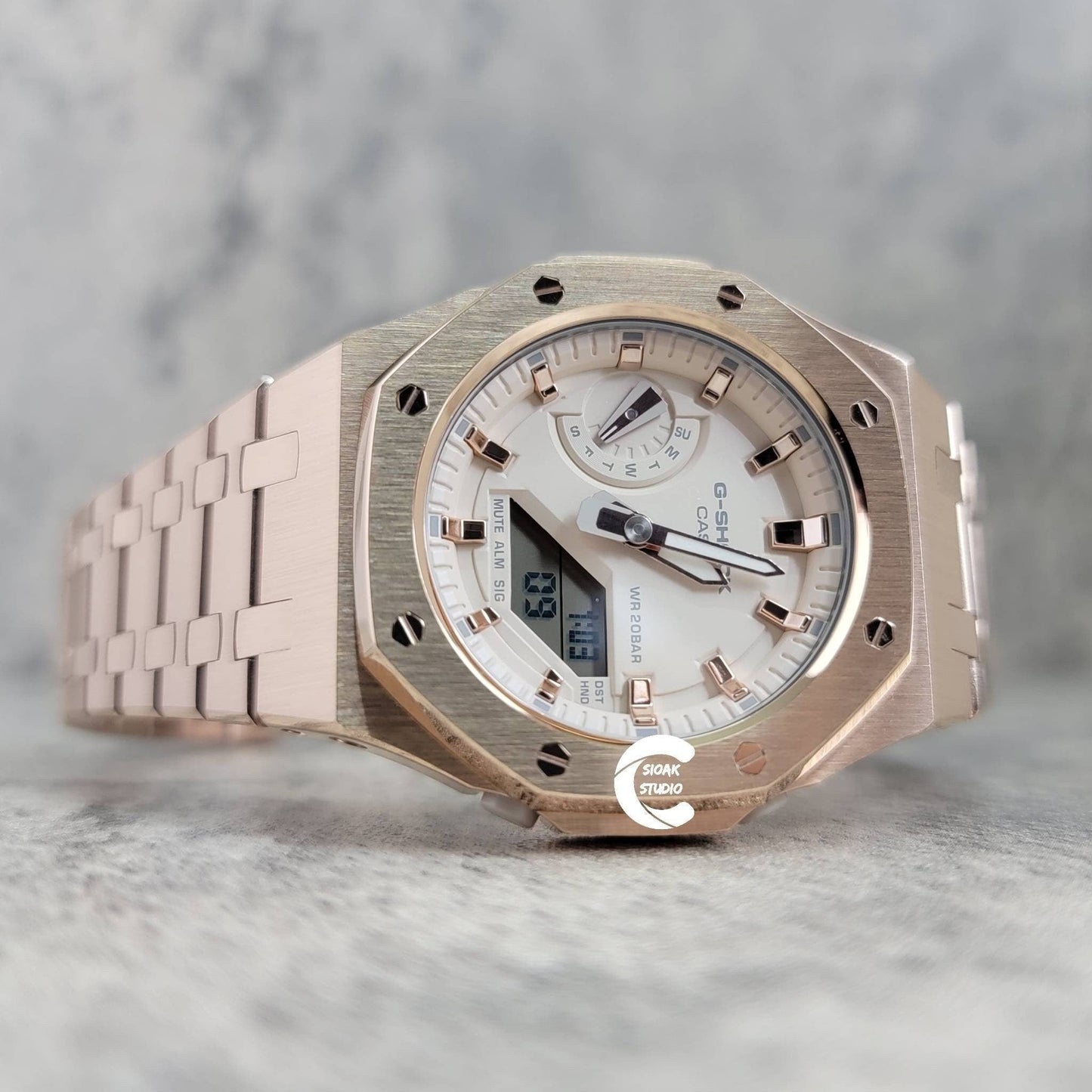 Casioak Mod Watch Rose Gold Case Metal Strap Beige Rose Gold Time Mark Beige Dial 42mm - Casioak Studio