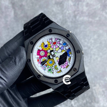 Casioak Mod Watch Black Case Metal Strap White Time Mark Takashi Murakami Dial 44mm - Casioak Studio