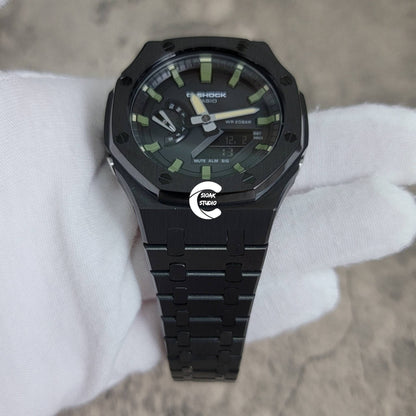 Casioak Mod Watch Black Case Metal Strap Black Green Time Mark Black Dial 44mm - Casioak Studio