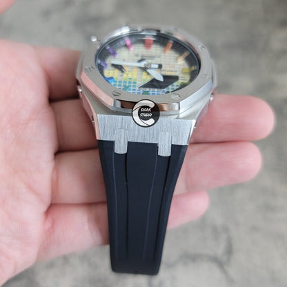 Casioak Mod Watch Silver Case Black Rubber Strap Black  Rainbow Time Mark Music Dial 44mm - Casioak Studio