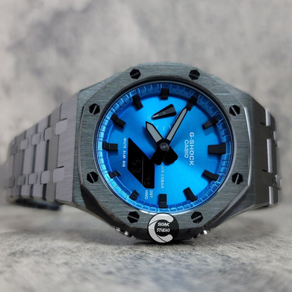 Casioak Mod Watch Grey Case Metal Strap Blue Black Time Mark Metallic Blue Dial 44mm - Casioak Studio