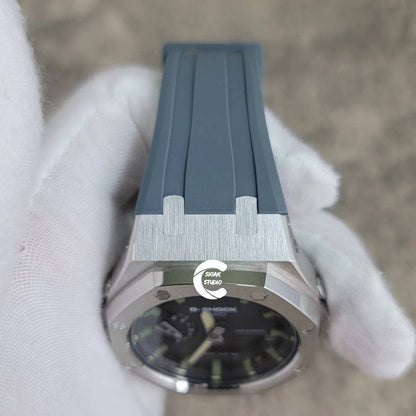 Casioak Mod Watch Silver Case Gray Rubber Strap Black Green Time Mark Black Dial 44mm - Casioak Studio