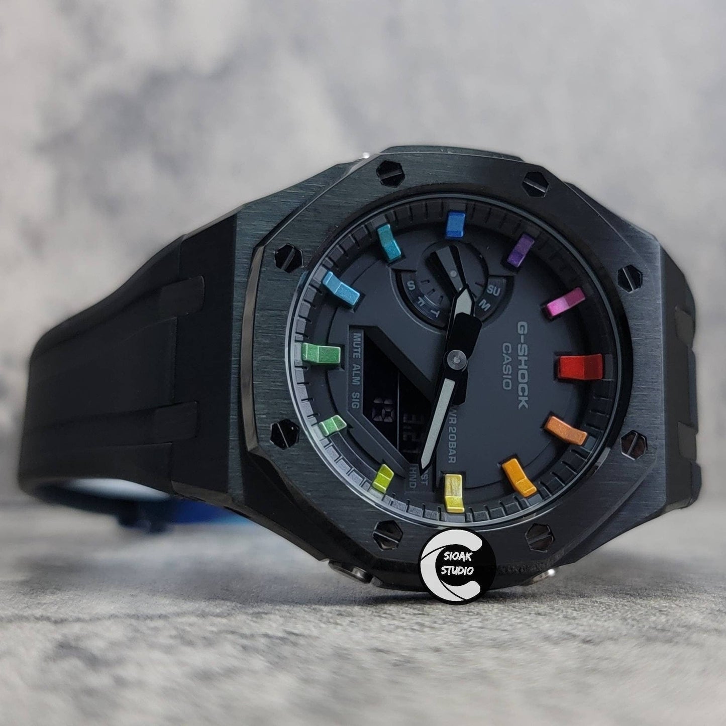 Casioak Mod Watch Black Case Black Rubber Strap Black  Rainbow Time Mark Black Dial 44mm - Casioak Studio