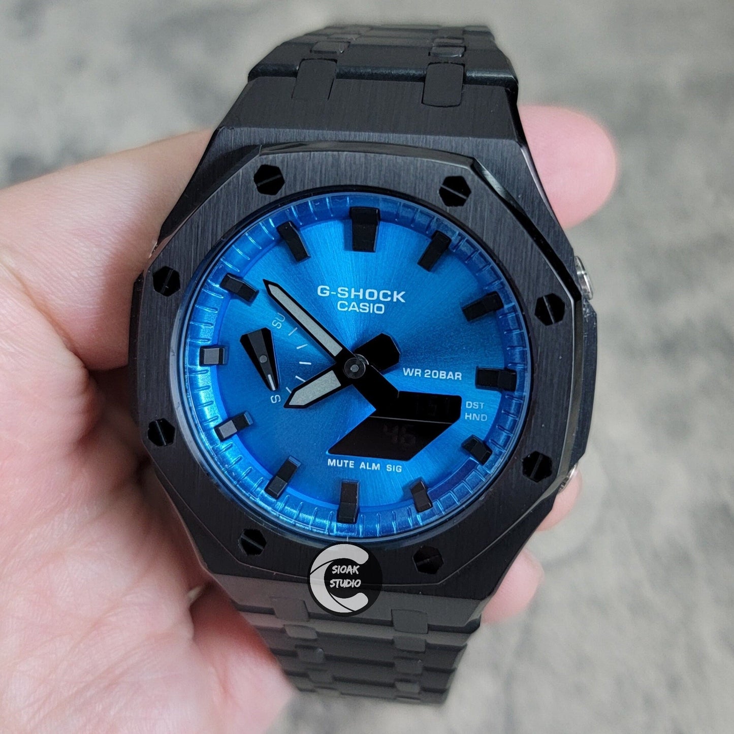 Casioak Mod Watch Black Case Metal Strap Blue Black Time Mark Metallic Blue Dial 44mm - Casioak Studio