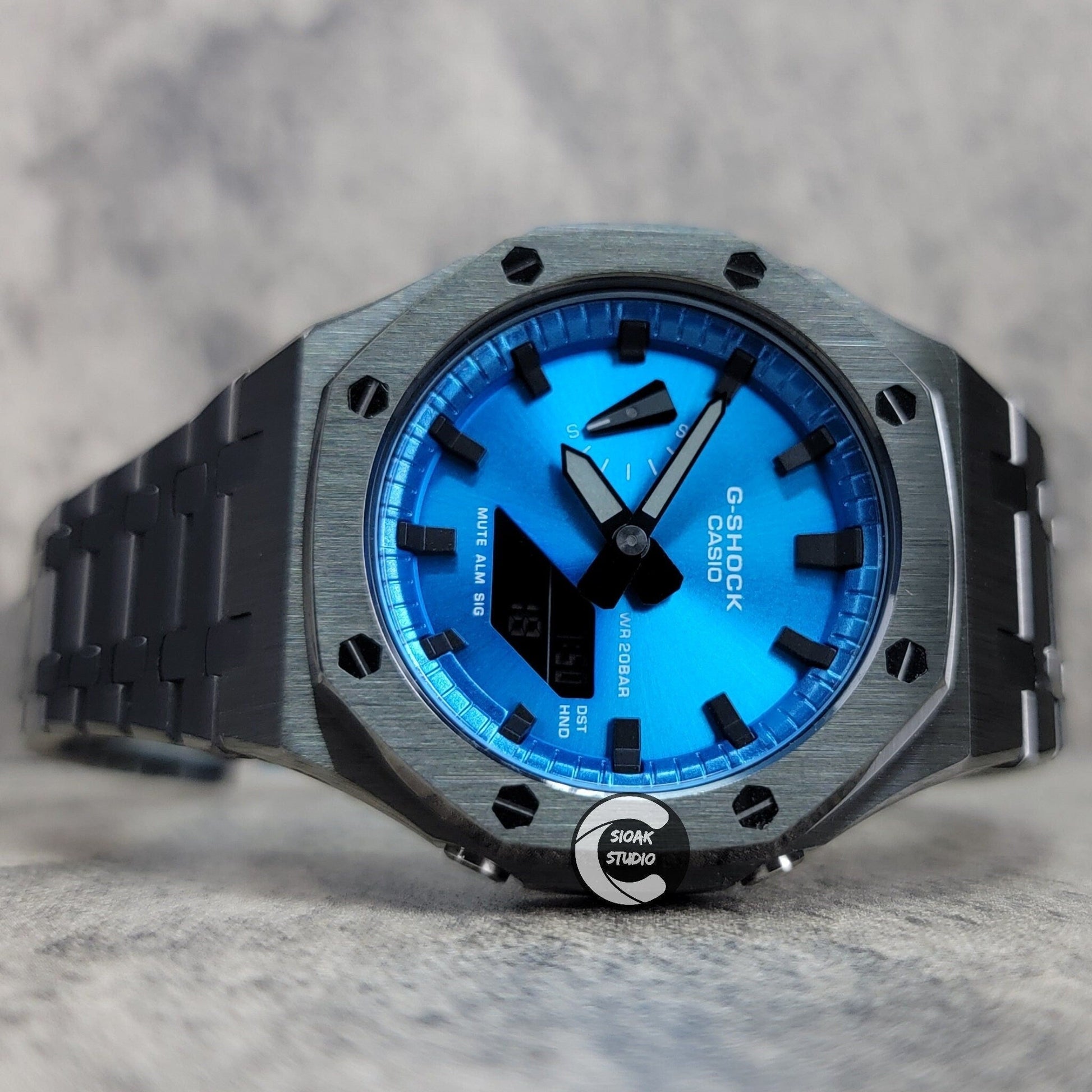 Casioak Mod Watch Grey Case Metal Strap Blue Black Time Mark Metallic Blue Dial 44mm - Casioak Studio