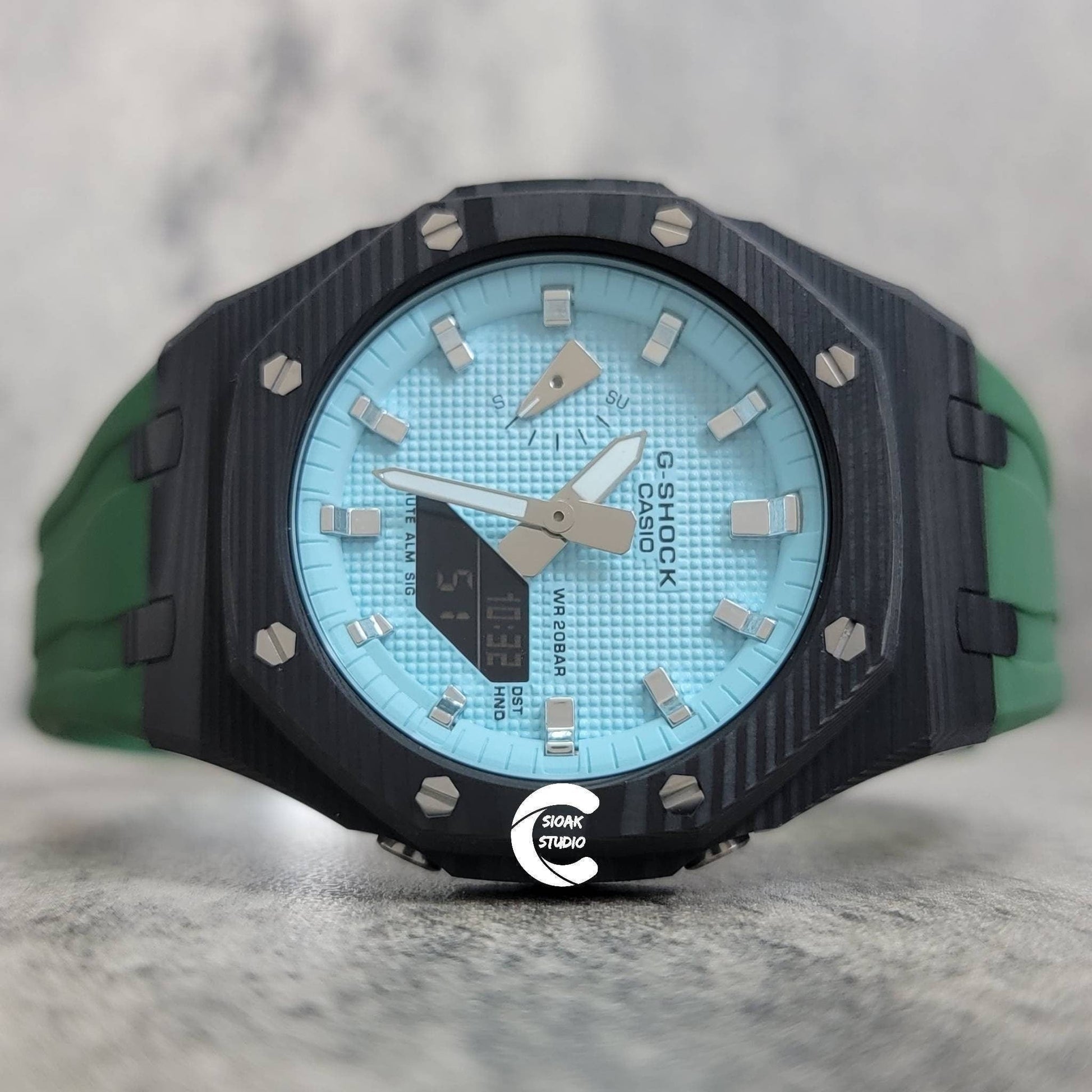 Casioak Mod Watch Carbon Fiber Black Case Green Strap Tiffany Silver Time Mark Tiffany Dial 44mm - Casioak Studio