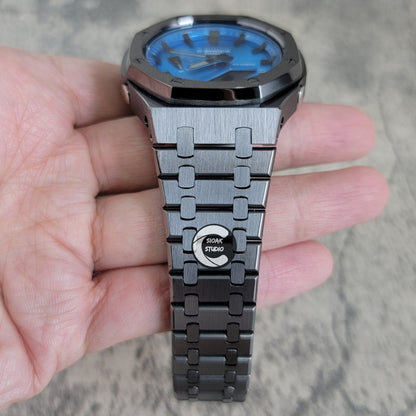 Casioak Mod Watch Grey Case Metal Strap Blue Black Time Mark Metallic Blue Dial 44mm - Casioak Studio