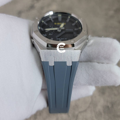 Casioak Mod Watch Silver Case Gray Rubber Strap Black Gray Time Mark Black Dial 44mm - Casioak Studio