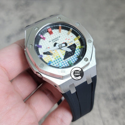 Casioak Mod Watch Silver Case Black Rubber Strap Black  Rainbow Time Mark Music Dial 44mm - Casioak Studio