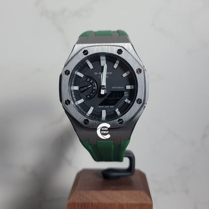 Casioak Mod Watch Gray Case Green Rubber Strap Light Gray Time Mark Black Dial 44mm - Casioak Studio