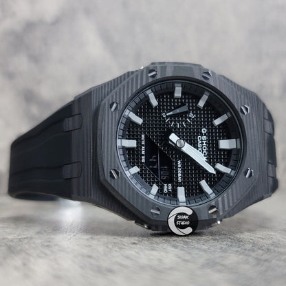 Casioak Mod Watch Carbon Fiber Black Case Black Strap Black Grey Time Mark Black Waffle Dial 44mm - Casioak Studio