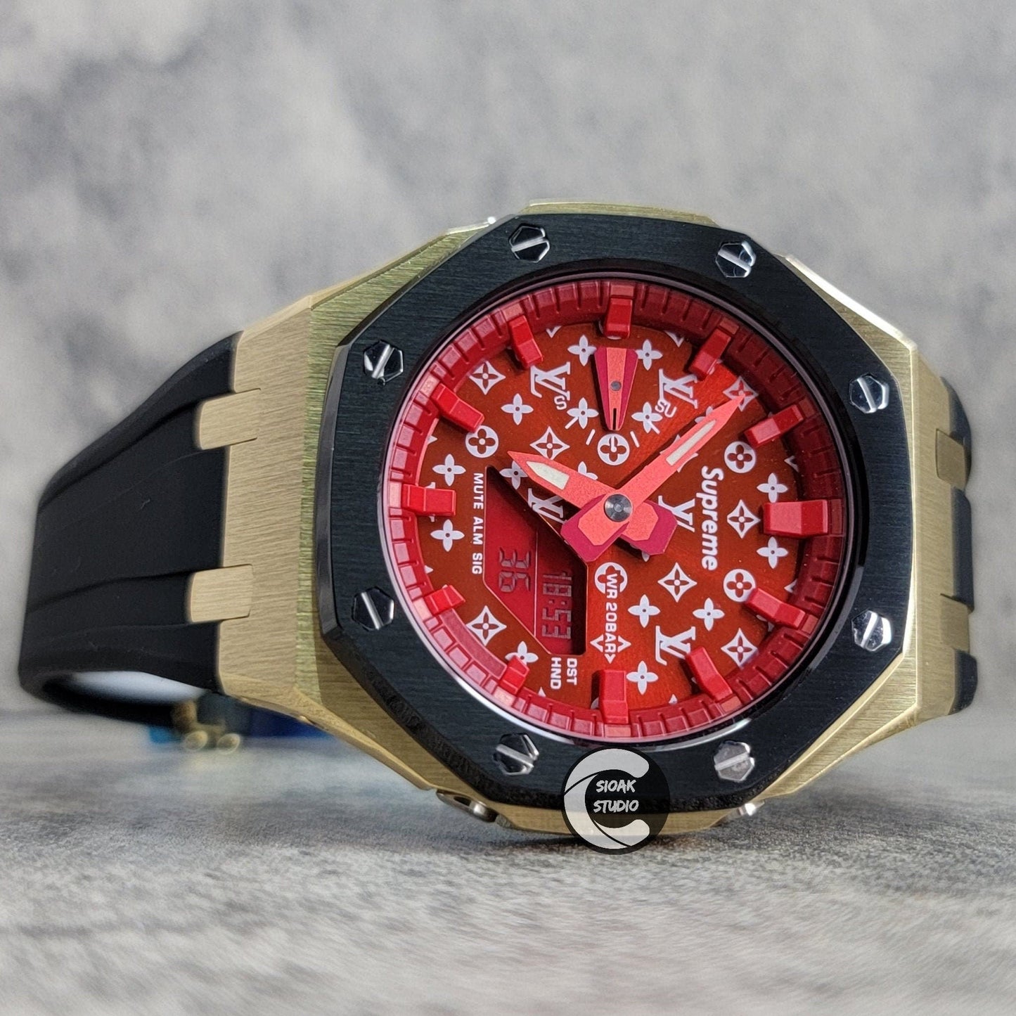 Casioak Mod Watch Black Gold Case Black Rubber Strap Red Time Mark Red Dial 44mm - Casioak Studio