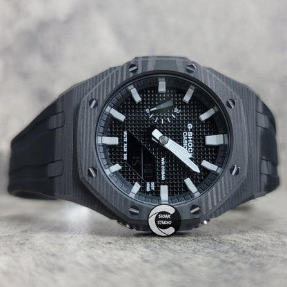 Casioak Mod Watch Carbon Fiber Black Case Black Strap Black Grey Time Mark Black Waffle Dial 44mm - Casioak Studio