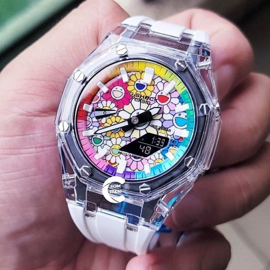 Casioak Mod Watch Transparent Case White Strap Rainbow White Time Mark Takashi Murakami Dial 44mm - Casioak Studio