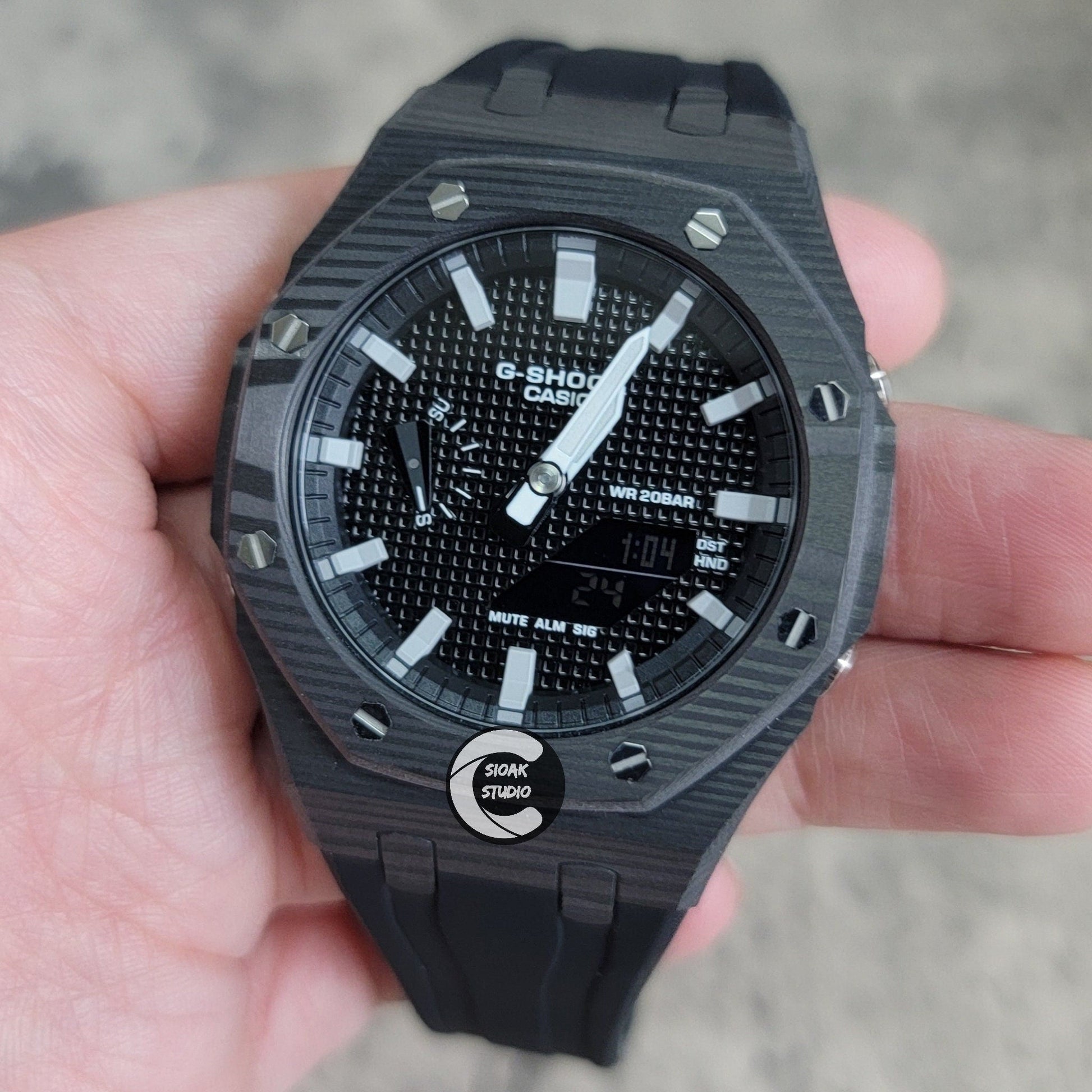 Casioak Mod Watch Carbon Fiber Black Case Black Strap Black Grey Time Mark Black Waffle Dial 44mm - Casioak Studio