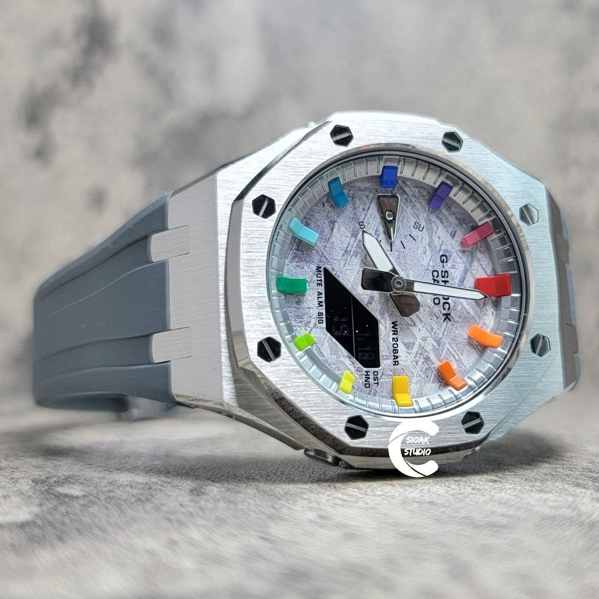 Casioak Mod Watch Silver Case Gray Rubber Strap Silver Rainbow Time Mark Meteorite Dial 44mm - Casioak Studio