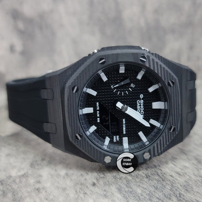 Casioak Mod Watch Carbon Fiber Black Case Black Strap Black Grey Time Mark Black Waffle Dial 44mm - Casioak Studio