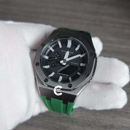 Casioak Mod Watch Gray Case Green Rubber Strap Light Gray Time Mark Black Dial 44mm - Casioak Studio