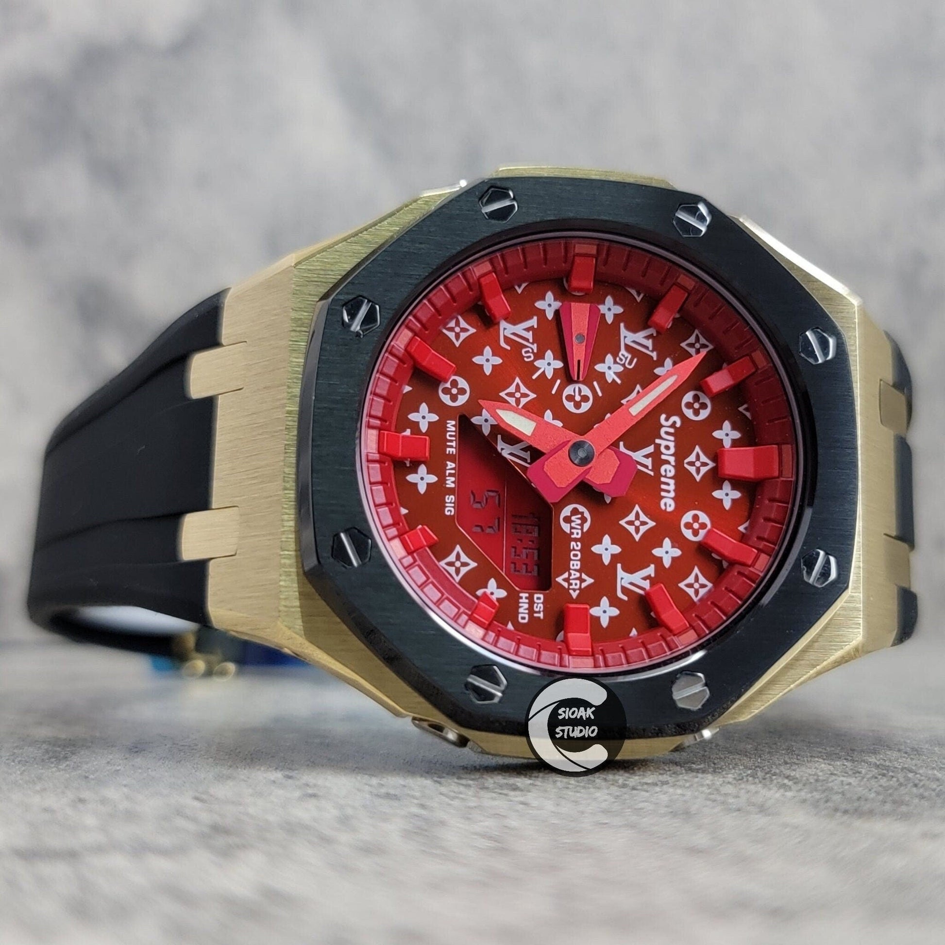 Casioak Mod Watch Black Gold Case Black Rubber Strap Red Time Mark Red Dial 44mm - Casioak Studio