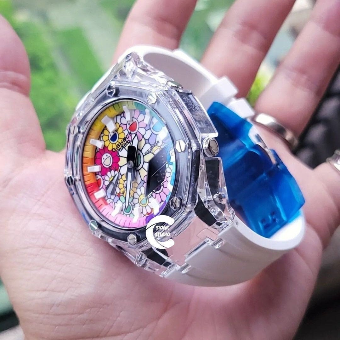 Casioak Mod Watch Transparent Case White Strap Rainbow White Time Mark Takashi Murakami Dial 44mm - Casioak Studio