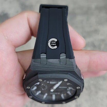 Casioak Mod Watch Carbon Fiber Black Case Black Strap Black Grey Time Mark Black Waffle Dial 44mm - Casioak Studio