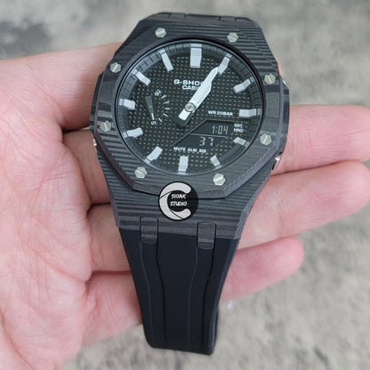 Casioak Mod Watch Carbon Fiber Black Case Black Strap Black Grey Time Mark Black Waffle Dial 44mm - Casioak Studio