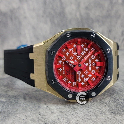 Casioak Mod Watch Black Gold Case Black Rubber Strap Red Time Mark Red Dial 44mm - Casioak Studio