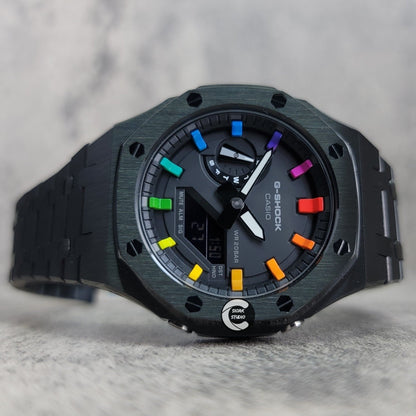 Casioak Mod Watch Black Case Metal Strap Black Rainbow Time Mark Black Dial 44mm - Casioak Studio