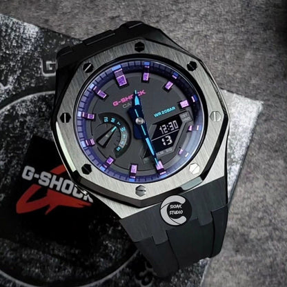 Casioak Mod Watch Black Case Black Rubber Strap Purple Black Purple Time Mark Black Dial 44mm - Casioak Studio