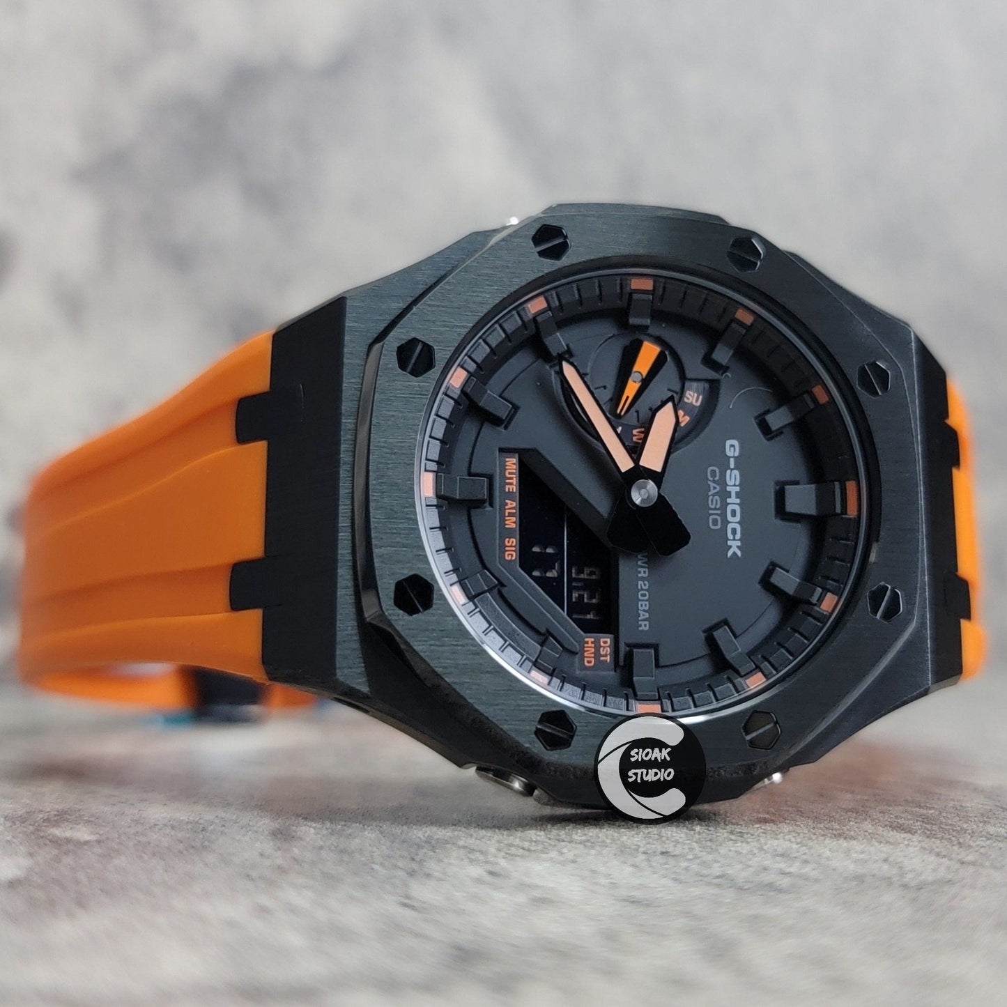 Casioak Mod Watch Black Case Orange Rubber Strap Black Orange Time Mark Black Dial 44mm - Casioak Studio