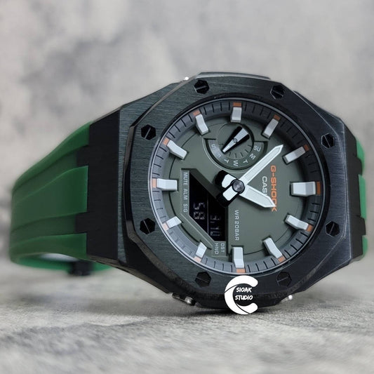 Casioak Mod Watch Black Case Green Rubber Strap Black White Time Mark Olive Dial 44mm - Casioak Studio