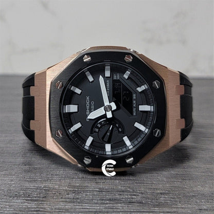 Casioak Mod Watch Black Rose Gold Case Black Rubber Strap Black Light Gray Time Mark Black Dial 44mm - Casioak Studio