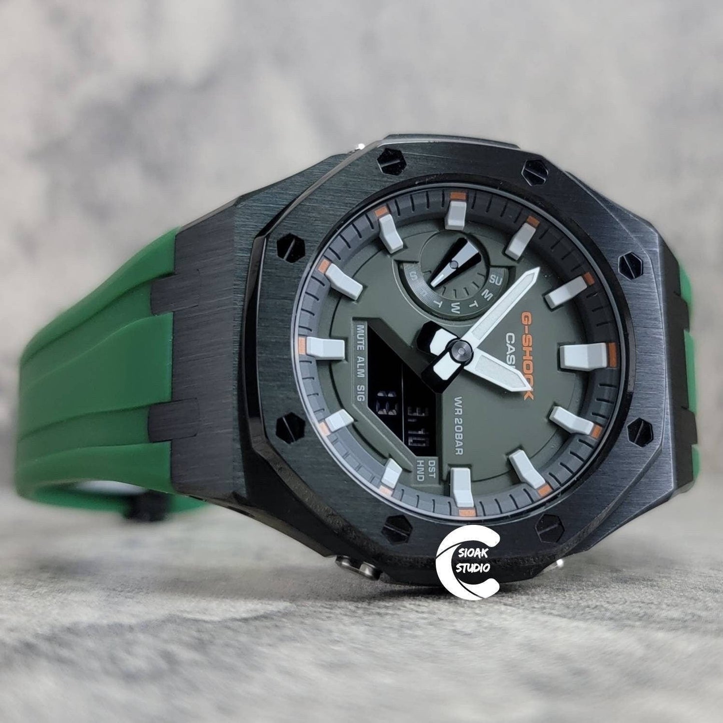 Casioak Mod Watch Black Case Green Rubber Strap Black White Time Mark Olive Dial 44mm - Casioak Studio