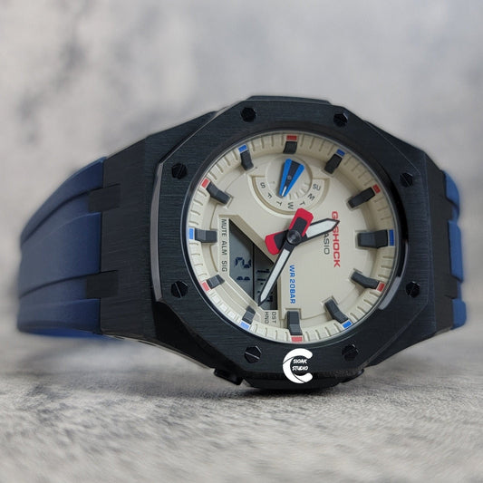 Casioak Mod Watch Black Case Blue Rubber Strap Beige Black Time Mark Beige Dial 42mm - Casioak Studio