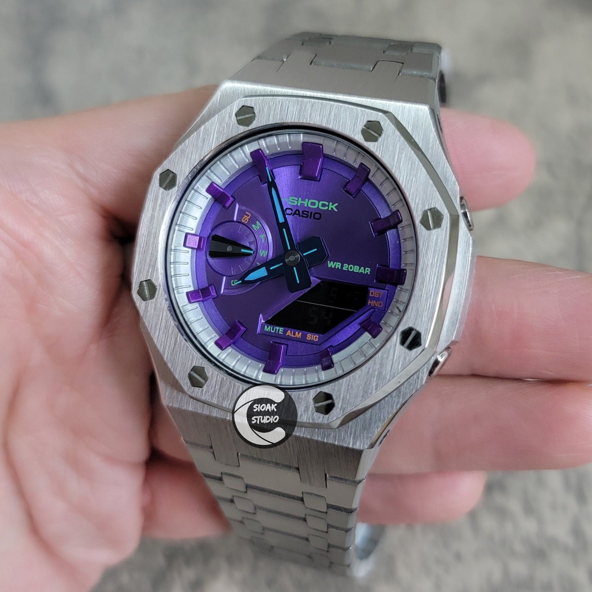 Casioak Mod Watch Silver Case Metal Strap Silver Purple Time Mark Purple Dial 44mm     Unique Special - Casioak Studio